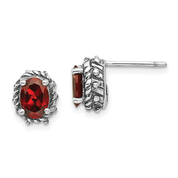 Sterling Silver Antiqued Garnet Stud Earrings for Women, Vintage Elegance