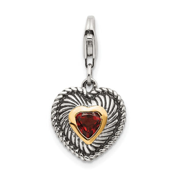 Shey Couture Sterling Silver with 14K Accent Antiqued Heart Shaped Garnet with Lobster Clasp Heart Charm - Birthstone Company