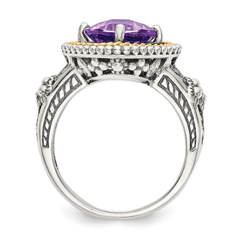 Shey Couture Sterling Silver with 14K Accent Antiqued Checkerboard-cut Cushon Amethyst Ring - Birthstone Company