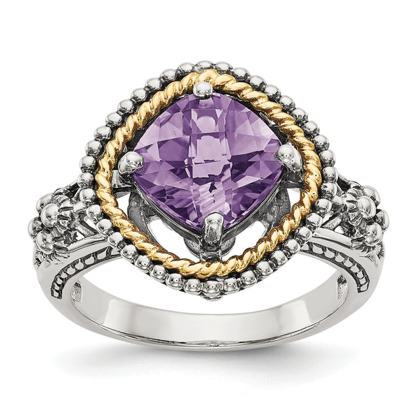 Shey Couture Sterling Silver with 14K Accent Antiqued Checkerboard-cut Cushon Amethyst Ring - Birthstone Company
