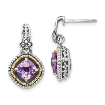 14K Gold Two-Tone Pink Quartz Drop Earrings with Rose de France Amethyst