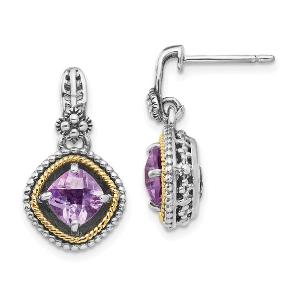 14K Gold Two-Tone Pink Quartz Drop Earrings with Rose de France Amethyst