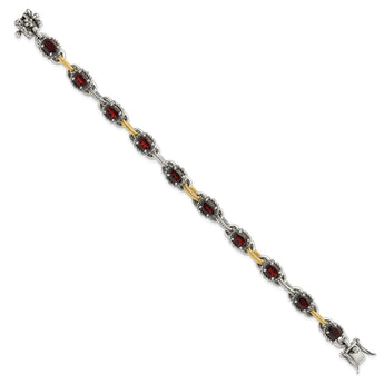Sterling Silver w/ 14ky Accent Polished & Antiqued Garnet Link Bracelet - Birthstone Company
