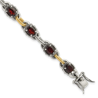 Sterling Silver w/ 14ky Accent Polished & Antiqued Garnet Link Bracelet - Birthstone Company