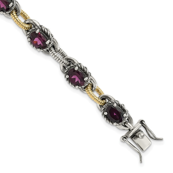 Sterling Silver w/ 14k Accent Antiqued Rhodolite Garnet Link Bracelet - Birthstone Company