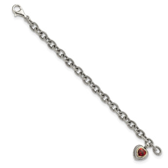Shey Couture Sterling Silver with 14K Accent 7.25 Inch Antiqued Checkerboard Garnet Heart Link Bracelet - Birthstone Company