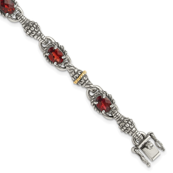 Shey Couture Sterling Silver with 14K Accent Antiqued Oval Garnet 7.25 inch Bracelet - Birthstone Company