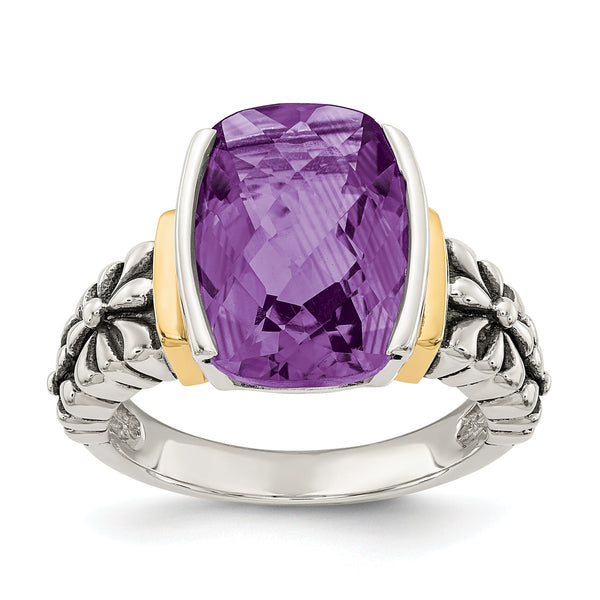 Shey Couture Sterling Silver with 14K Accent Antiqued Checkerboard-cut Cushion Chanel-set Amethyst Ring
