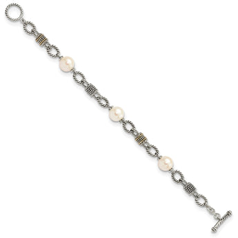 Shey Couture Sterling Silver with 14K Accent 7.5 Inch Antiqued 10-10.5mm Freshwater Cultured Pearl Bracelet - Birthstone Company