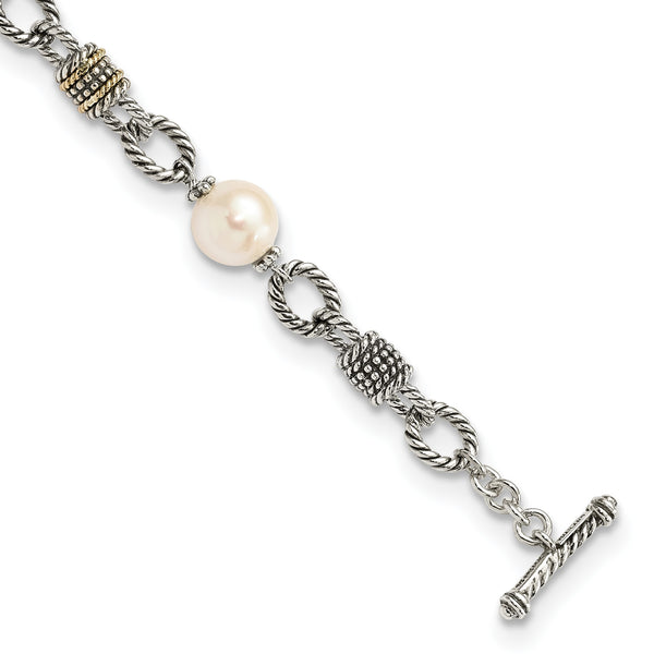 Shey Couture Sterling Silver with 14K Accent 7.5 Inch Antiqued 10-10.5mm Freshwater Cultured Pearl Bracelet - Birthstone Company