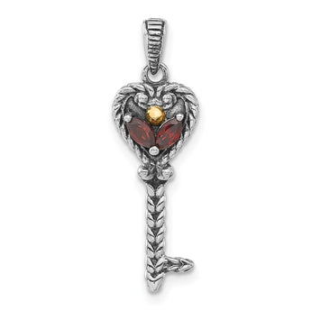 Sterling Silver With 14K Accent Polished & Antiqued Garnet Key Pendant - Birthstone Company