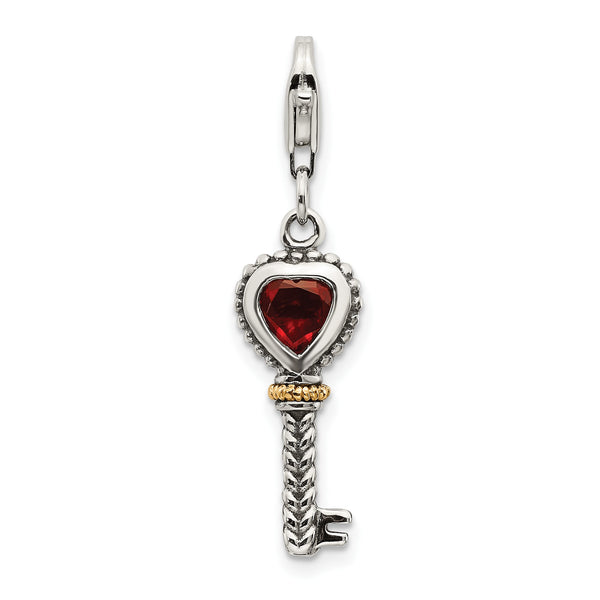 Shey Couture Sterling Silver with 14K Accent Antiqued Garnet Key with Lobster Clasp Charm - Birthstone Company
