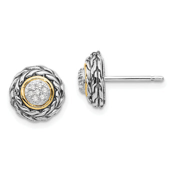 Sterling Silver 14K Gold Diamond Button Earrings Vintage Elegance