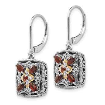 Sterling Silver 14K Gold Garnet and Diamond Antique Dangle Earrings - Birthstone Company