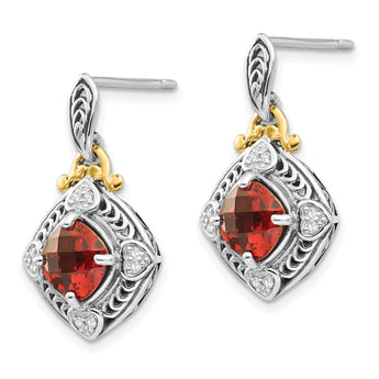 Sterling Silver 14K Gold Garnet Diamond Dangle Earrings