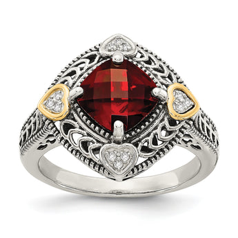 Shey Couture Sterling Silver with 14K Accent Antiqued Diamond and Checkerboard Cushion Garnet Ring - Birthstone Company
