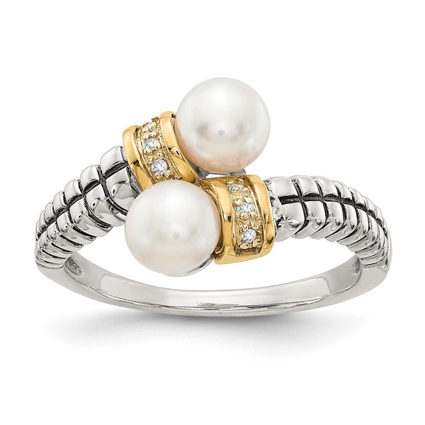 Shey Couture Sterling Silver with 14K Accent Antiqued 5.5-6mm Freshwater Cultured Pearl and Diamond By-PaSterling Silver Ring - Birthstone Company
