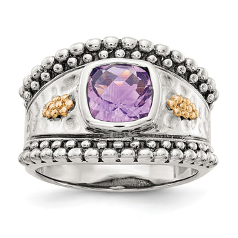 Shey Couture Sterling Silver with 14K Accent Antiqued Checkerboard-cut Cushion Bezel Amethyst Ring - Birthstone Company