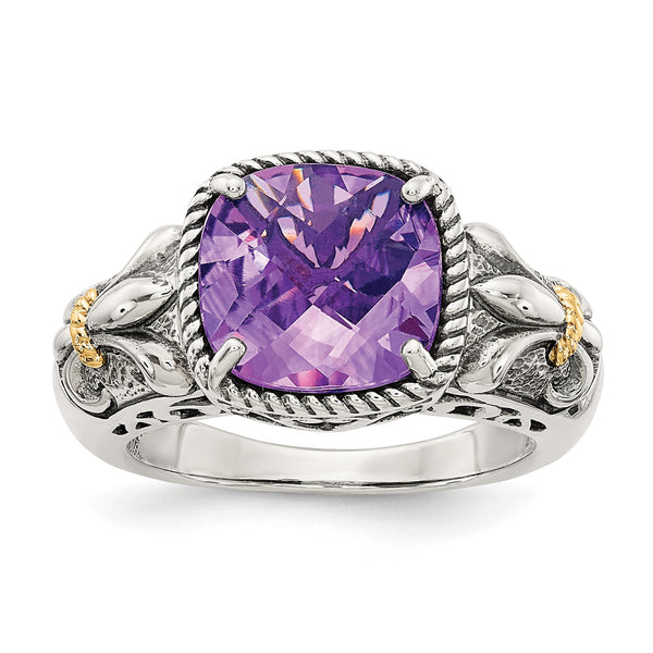 Shey Couture Sterling Silver with 14K Accent Antiqued Cushion Amethyst Ring - Birthstone Company