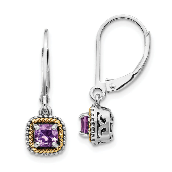 Sterling Silver and 14K Gold Amethyst Leverback Dangle Earrings