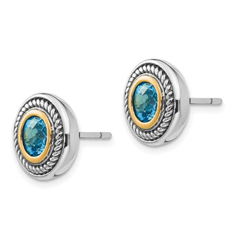 Sterling Silver 14K Gold Blue Topaz Antiqued Earrings