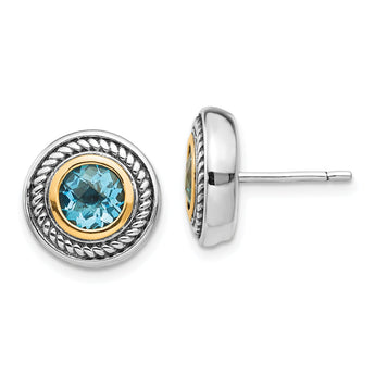 Sterling Silver 14K Gold Blue Topaz Antiqued Earrings