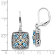 Sterling Silver 14K Gold Leverback Earrings with Antiqued Diamond and Blue Topaz