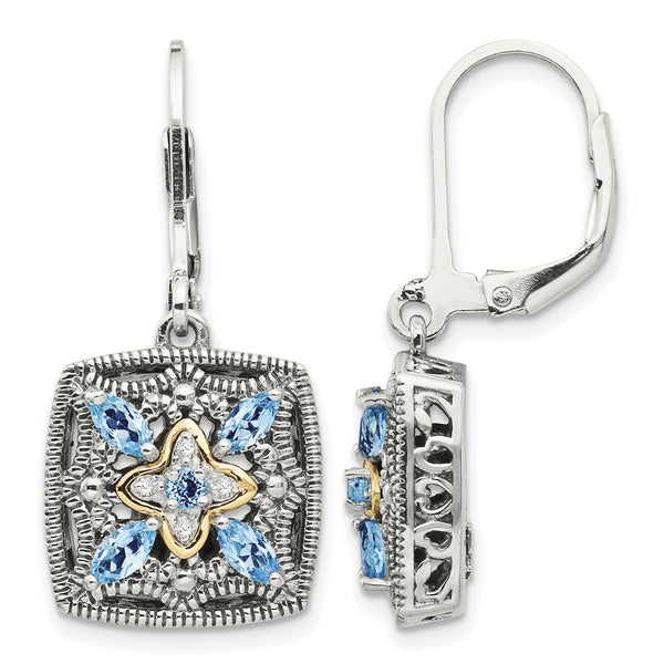 Sterling Silver 14K Gold Leverback Earrings with Antiqued Diamond and Blue Topaz - Birthstone Company