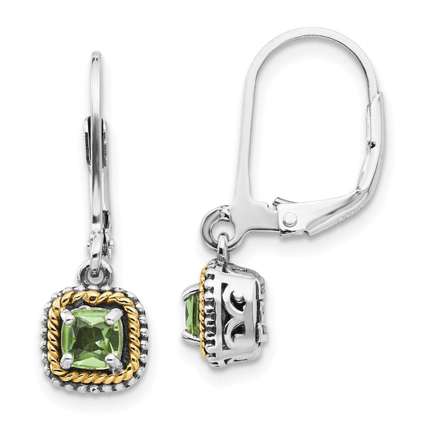 Sterling Silver and 14K Gold Antiqued Peridot Leverback Earrings