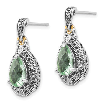 Antiqued Sterling Silver and 14K Gold Green Quartz and Diamond Dangle Earrings