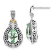 Antiqued Sterling Silver and 14K Gold Green Quartz and Diamond Dangle Earrings