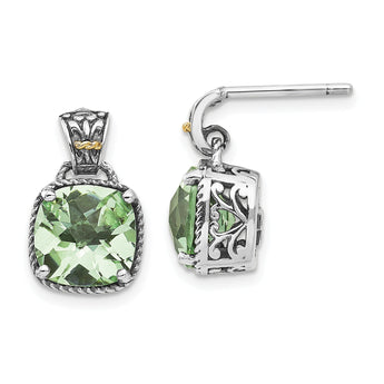 Prasiolite Dangle Earrings in Sterling Silver, 8mm Antiqued & Polished