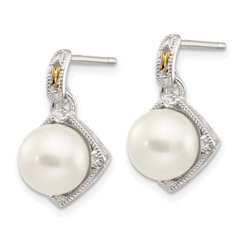 Sterling Silver 14K Gold Accented Pearl and Diamond Dangle Earrings
