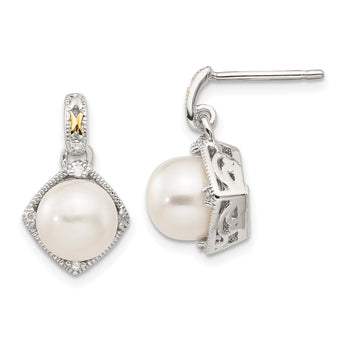 Sterling Silver 14K Gold Accented Pearl and Diamond Dangle Earrings