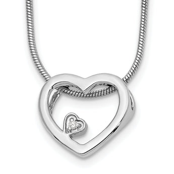 Sterling Silver Diamond Open Heart Necklace with Rhodium Polish and Extender