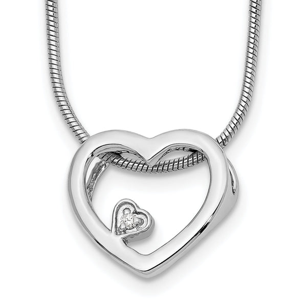 Sterling Silver Diamond Open Heart Necklace with Rhodium Polish and Extender