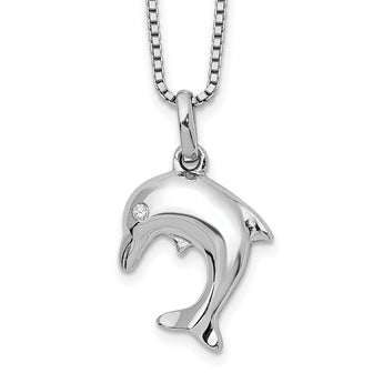 Sterling Silver Dolphin Necklace with Diamond and Rhodium Finish
