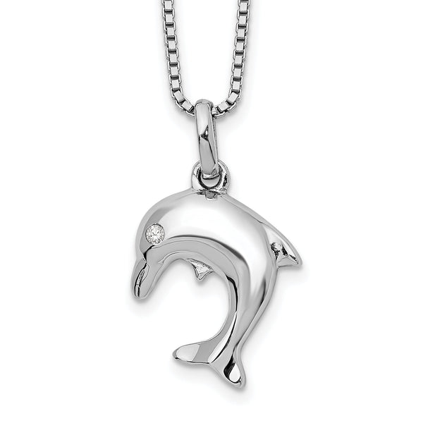 Sterling Silver Dolphin Necklace with Diamond and Rhodium Finish