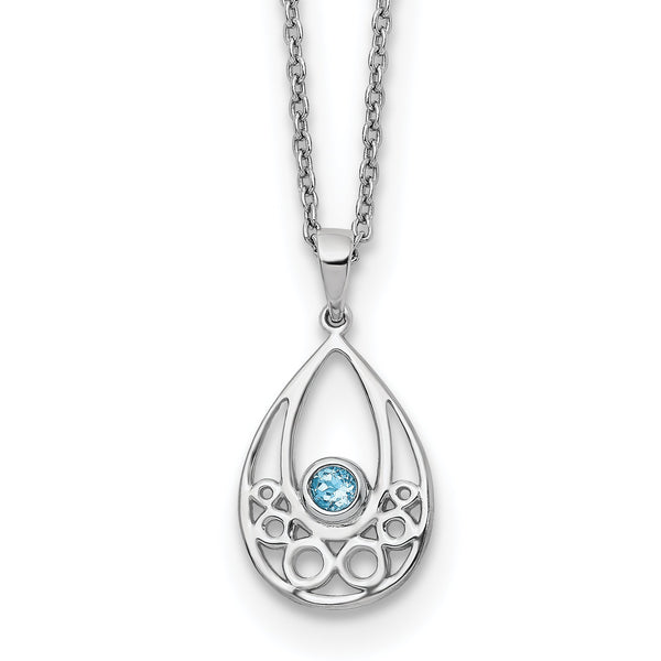 Sterling Silver Blue Topaz Necklace with Rhodium Finish and Extender