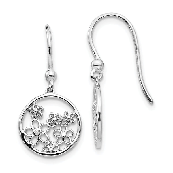 Sterling Silver Diamond Flower Dangle Earrings with Rhodium Finish