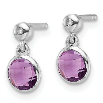 Sterling Silver RH Plated White Ice Diamond and Amethyst Post Earrings