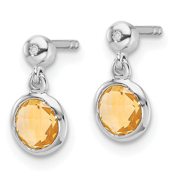 Sterling Silver RH Plated White Ice Diamond and Citrine Post Earrings