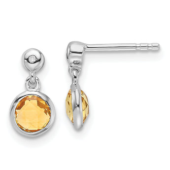 Sterling Silver RH Plated White Ice Diamond and Citrine Post Earrings