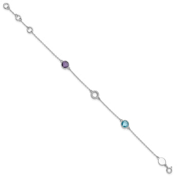 White Ice Sterling Silver/Rhodium-Rhodium-Plated Diamond, Blue Topaz, Amethyst 6.25 inch Bracelet plus 1 inch Extender - Birthstone Company