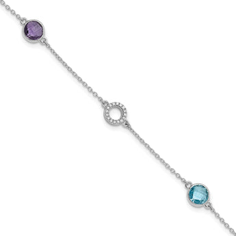 White Ice Sterling Silver/Rhodium-Rhodium-Plated Diamond, Blue Topaz, Amethyst 6.25 inch Bracelet plus 1 inch Extender
