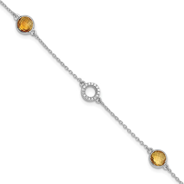 White Ice Sterling Silver/Rhodium-Rhodium-Plated Diamond and Citrine 6.25 inch Bracelet plus 1 inch extender - Birthstone Company