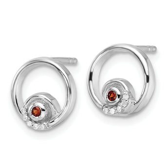 Sterling Silver RH Plated White Ice .03ct. Dia. and Garnet Post Earrings