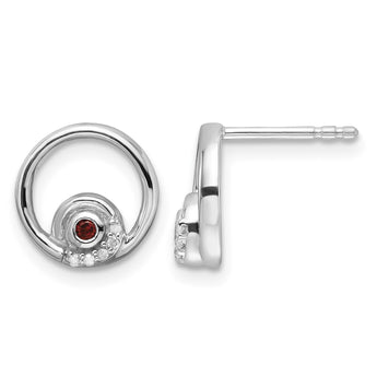 Sterling Silver RH Plated White Ice .03ct. Dia. and Garnet Post Earrings - Birthstone Company