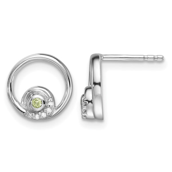 Sterling Silver RH Plated White Ice .03ct. Dia. and Peridot Post Earrings - Birthstone Company