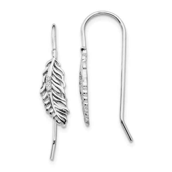 Sterling Silver Diamond Feather Dangle Earrings Gift Ready